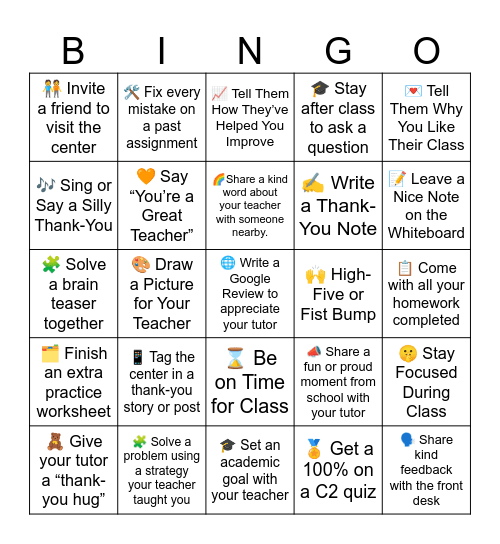Teacher Appreciate week Bingo Card