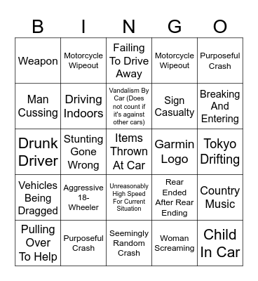Idiots In Cars Bingo Card