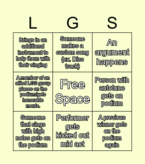 LGS Karaoke Bingo Card