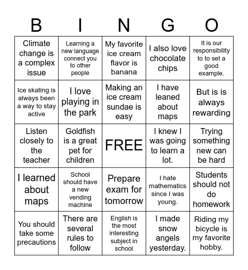 TOPIC SENTENCE Bingo Card