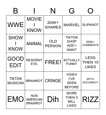TIKTOK BINGO Card