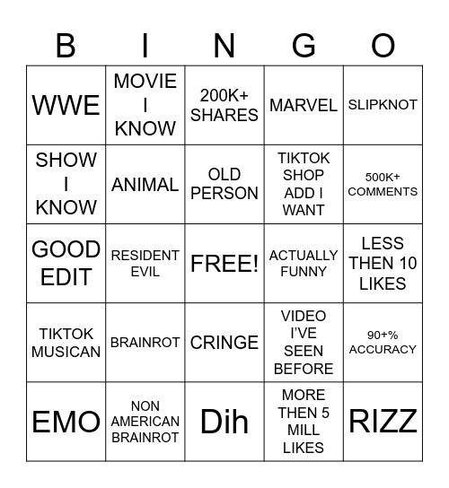 TIKTOK BINGO Card