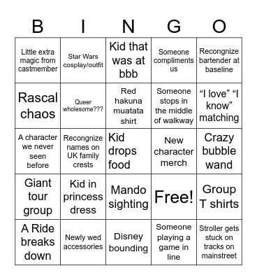 Disney world bingo! Bingo Card