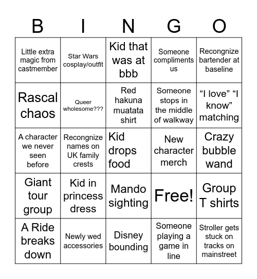 Disney world bingo! Bingo Card