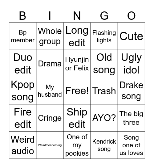 Kpop edits bingo Card