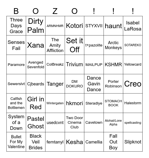 Emma's Music Artist Bingo Card