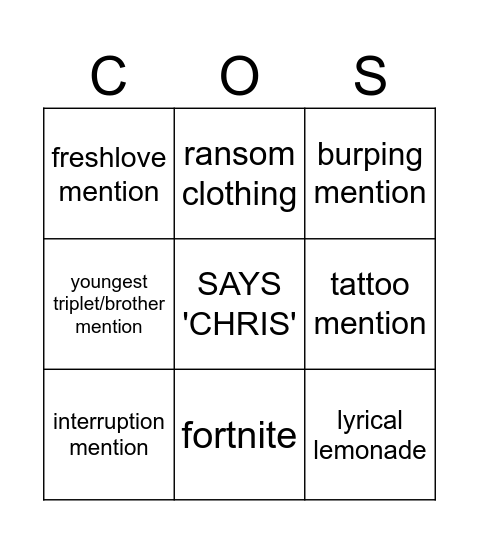 CHRIS STURNIOLO DISS TRACK Bingo Card