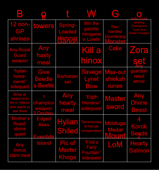 BotW Bingo Card