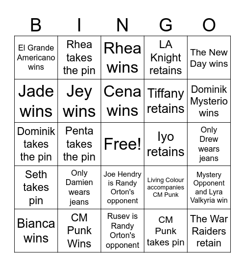 Wrestlemania Bingo Card