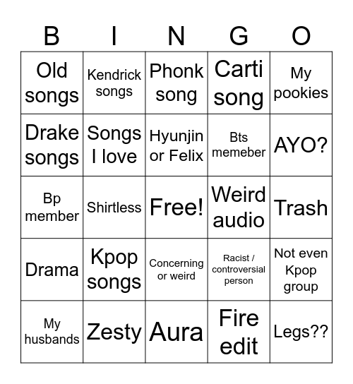 Kpop edits bingo Card