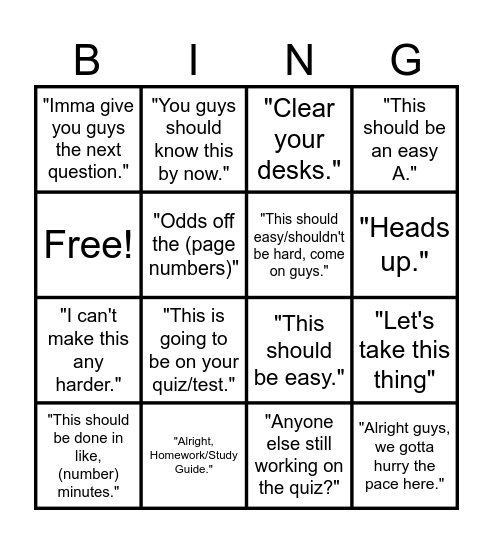 Mr.Bareford Bingo Card