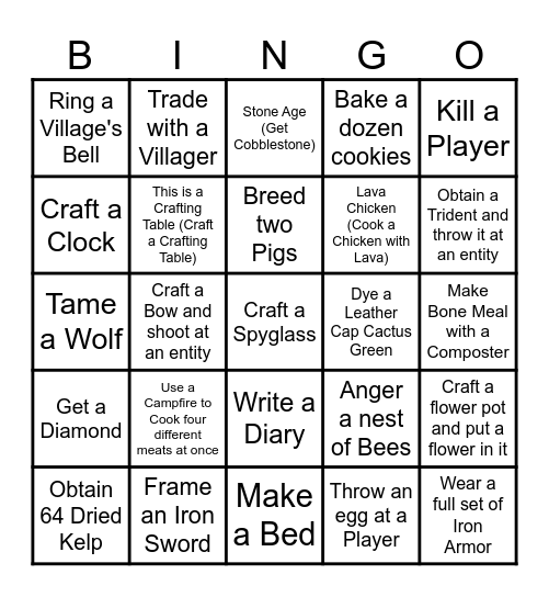 Early Game Minecraft Bingo Card