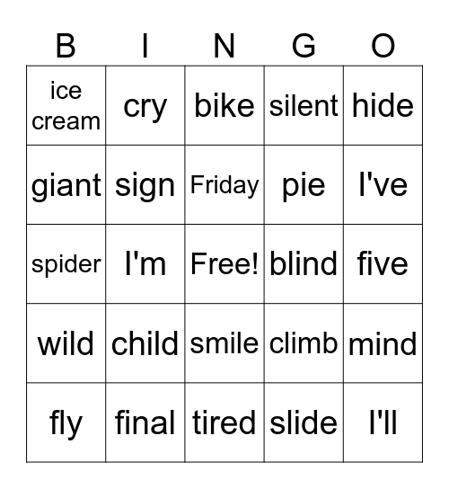 Long "I" sound Bingo Card