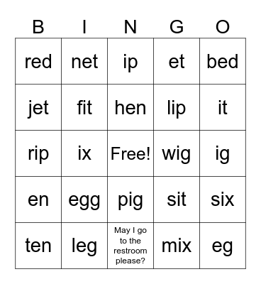 Phonics Bingo Card