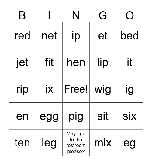 Phonics Bingo Card