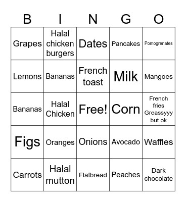 Halal food bingo Card