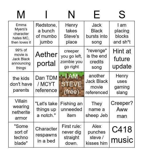 "A Minecraft Movie" Bingo Card