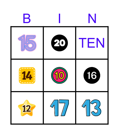 NUMBERS and SUMS 1- 20 Bingo Card
