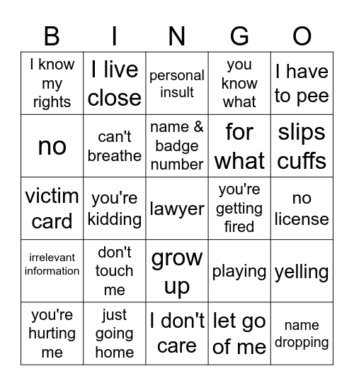 Cop cam bingo Card