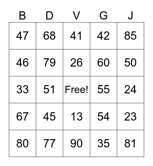 Numbers Bingo Card