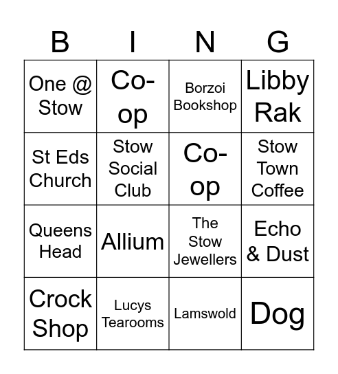 STOW BINGO with thanks to those who donated Bingo Card