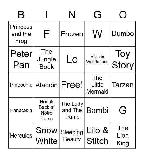 Disney Movies Bingo Card