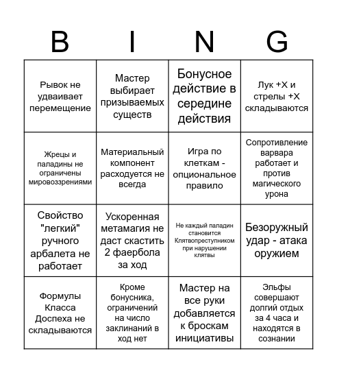 Неочевидные правила D&D 5, о которых я знал Бинго Bingo Card