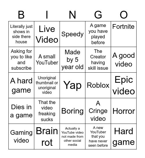 YouTube Video Bingo Card