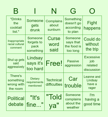 Family Vacation Bingo Card