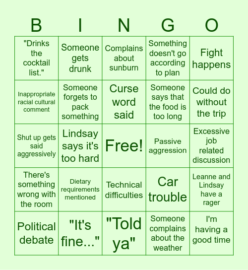 Family Vacation Bingo Card