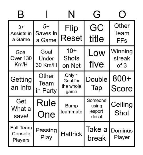 Rocket League Bingo Card
