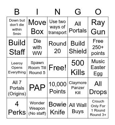 Zombies Bingo Card