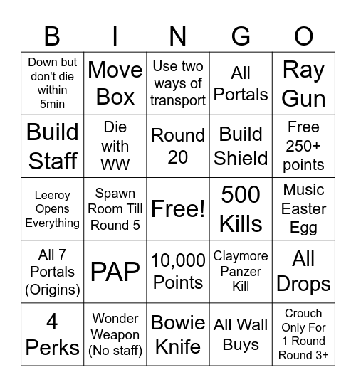 Zombies Bingo Card