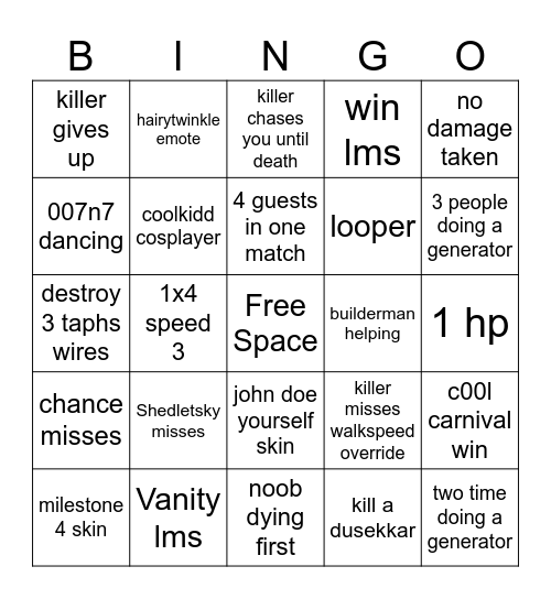 forsaken bingo Card