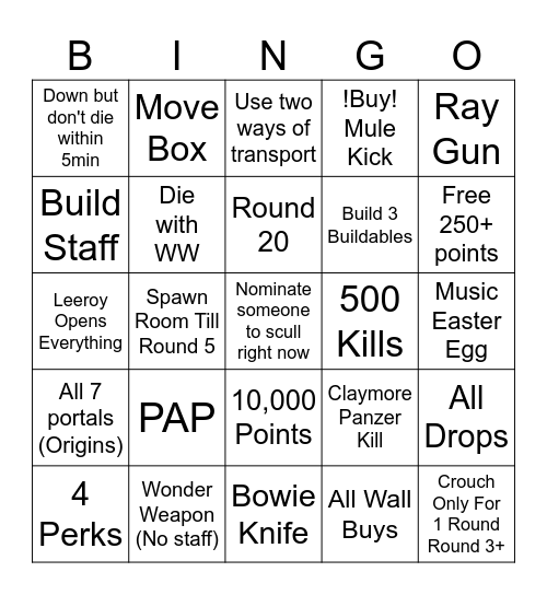 Zombies Bingo Card