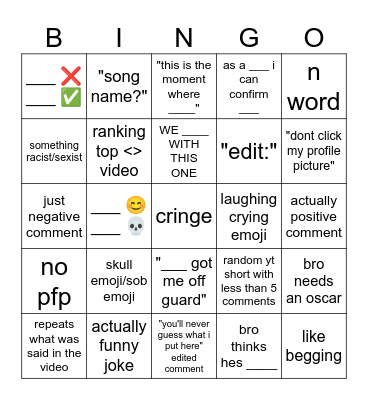 Youtube Shorts Comment Bingo Card