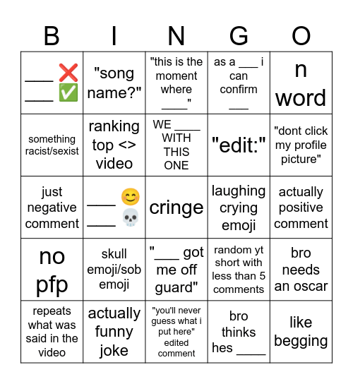 Youtube Shorts Comment Bingo Card