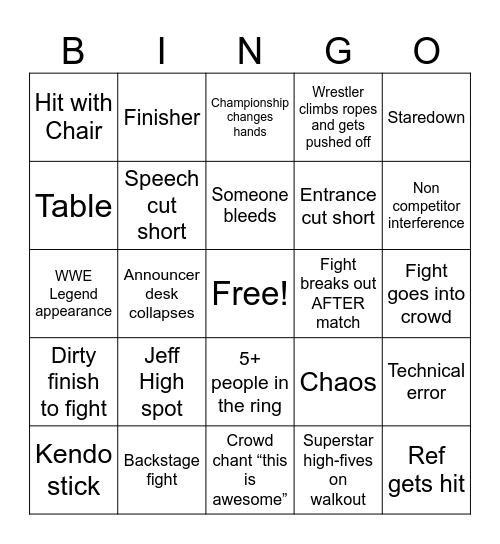 WWE Bingo Card