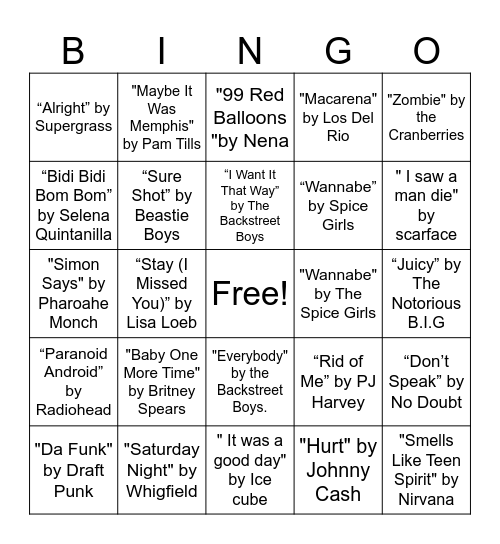90s music Bingo Card