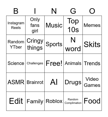 YouTube Shorts Bingo Card