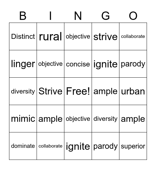 Vocabulary Bingo Card