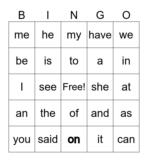 Heart Word Bingo Card