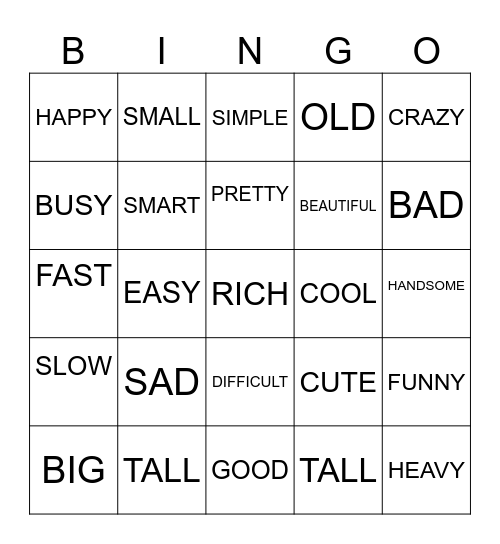 adj bingo Card