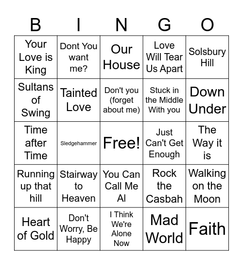 70s/80s Music Bingo Card