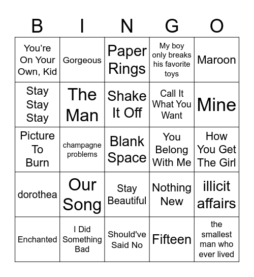 Taylor Swift - MUSIC BINGO Card