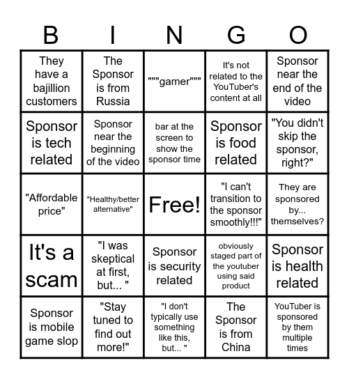 YouTube Sponsor Segment Bingo Card