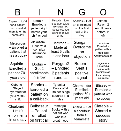 Trainer Bingo Card