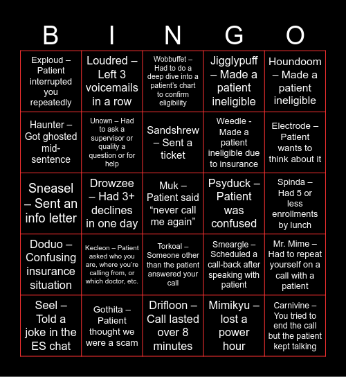 Team Rocket Trouble Bingo Card