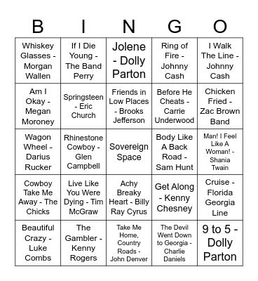 Country Music Bingo Card