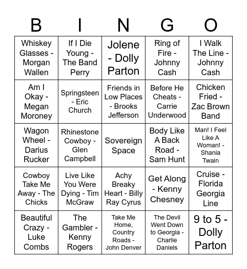 Country Music Bingo Card